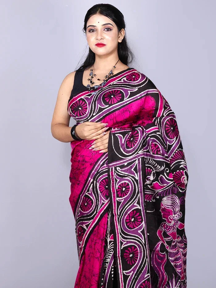 Par Anchal Hand Batik Printed Murshidabad Silk Saree - WeaversIndia