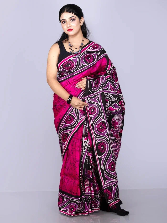 Par Anchal Hand Batik Printed Murshidabad Silk Saree - WeaversIndia