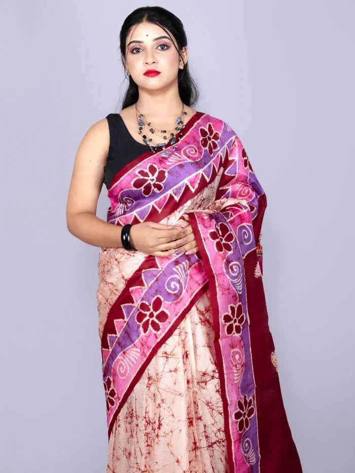 Par Anchal Hand Batik Printed Murshidabad Silk Saree - WeaversIndia