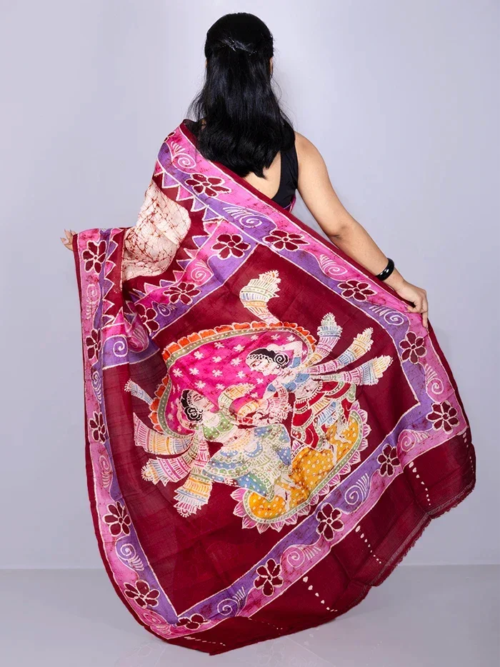 Par Anchal Hand Batik Printed Murshidabad Silk Saree - WeaversIndia