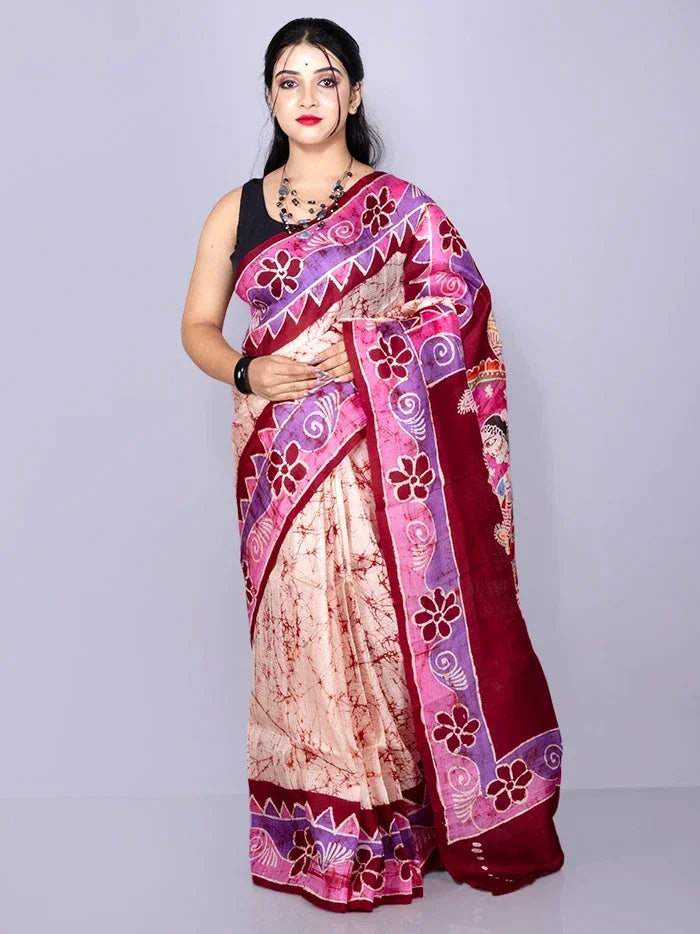 Par Anchal Hand Batik Printed Murshidabad Silk Saree - WeaversIndia