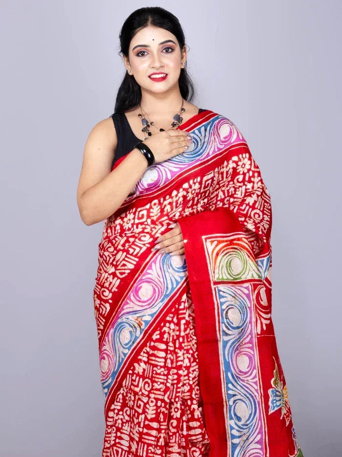 Par Anchal Hand Batik Printed Murshidabad Silk Saree - WeaversIndia