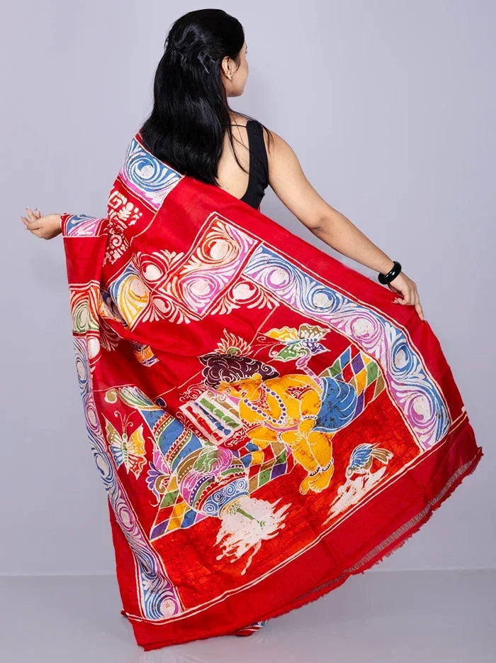 Par Anchal Hand Batik Printed Murshidabad Silk Saree - WeaversIndia