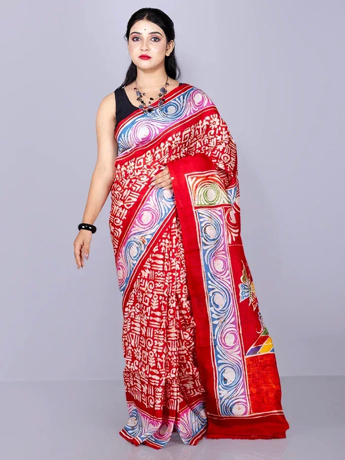 Par Anchal Hand Batik Printed Murshidabad Silk Saree - WeaversIndia