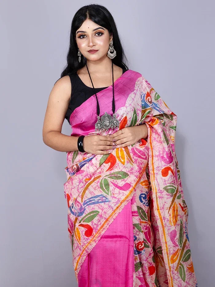 Par Anchal Hand Batik Printed Murshidabad Silk Saree