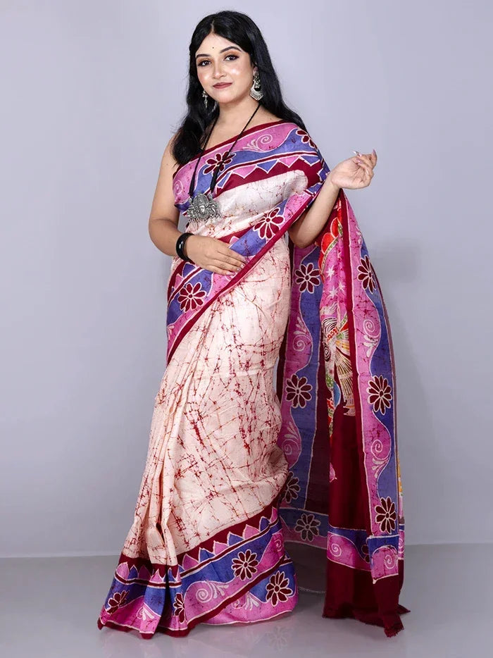 Par Anchal Hand Batik Printed Murshidabad Silk Saree - WeaversIndia