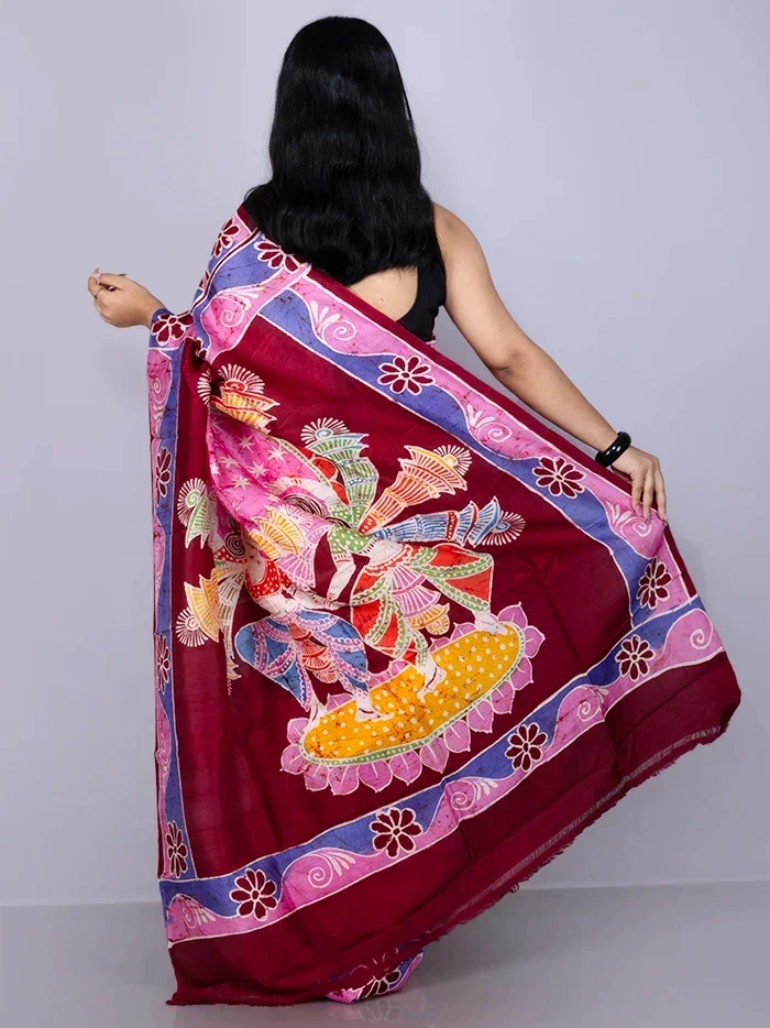 Par Anchal Hand Batik Printed Murshidabad Silk Saree - WeaversIndia