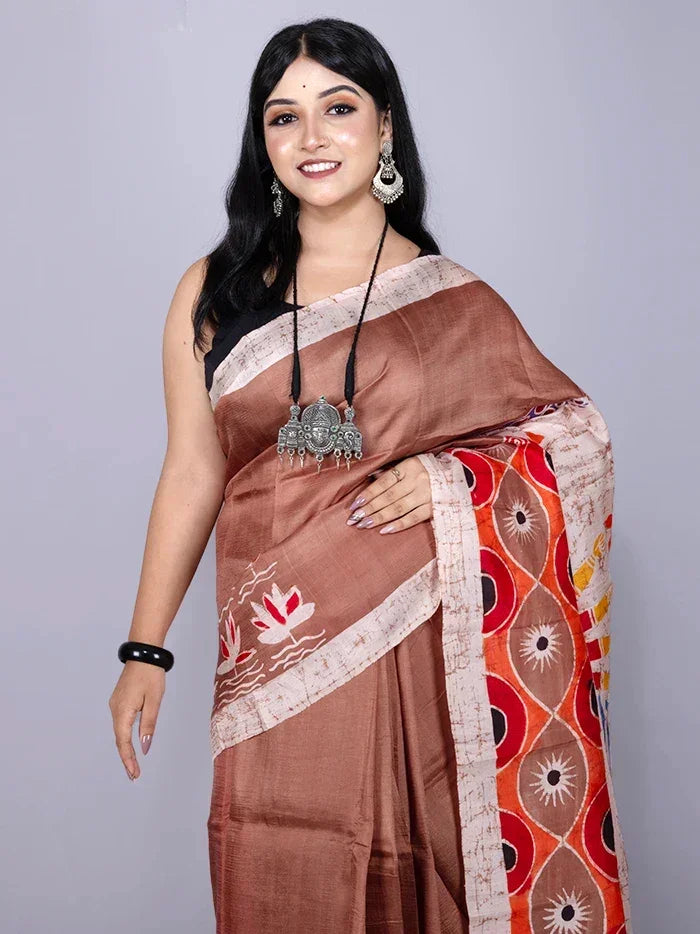 Par Anchal Hand Batik Printed Murshidabad Silk Saree