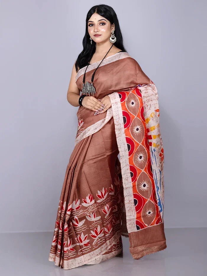 Par Anchal Hand Batik Printed Murshidabad Silk Saree