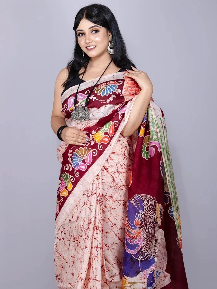 Half Half Hand Batik Printed Murshidabad Silk Saree - WeaversIndia