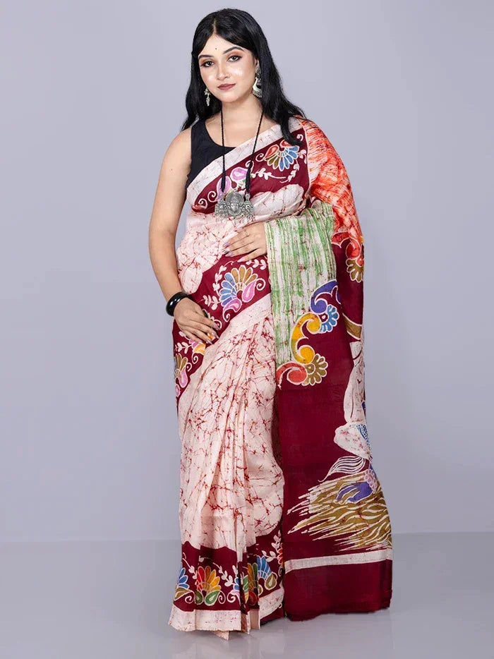 Half Half Hand Batik Printed Murshidabad Silk Saree - WeaversIndia