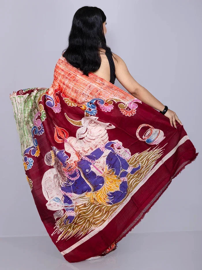 Half Half Hand Batik Printed Murshidabad Silk Saree - WeaversIndia
