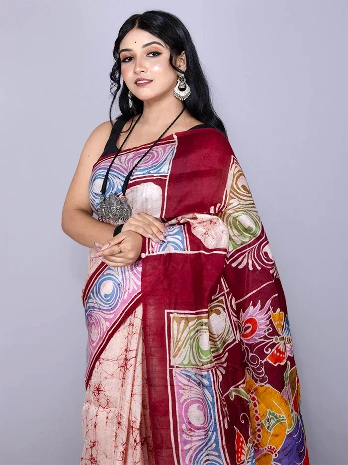 Par Anchal Hand Batik Printed Murshidabad Silk Saree - WeaversIndia