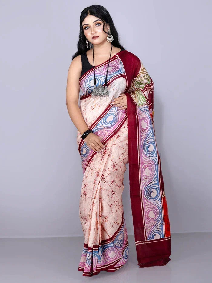 Par Anchal Hand Batik Printed Murshidabad Silk Saree - WeaversIndia