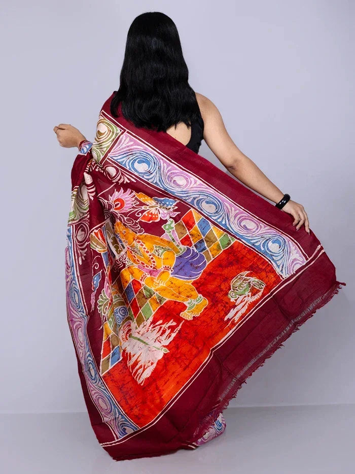 Par Anchal Hand Batik Printed Murshidabad Silk Saree - WeaversIndia