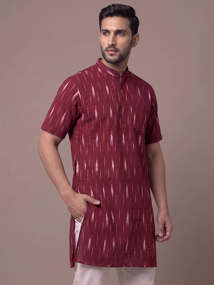 Maroon Organic Cotton Ikkat Half Sleeves Men Kurta