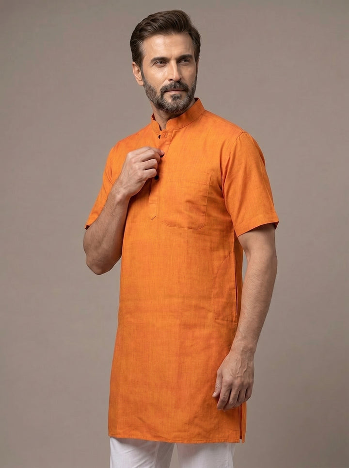 Orange Duel Tone Organic Cotton Half Sleeves Men Kurta