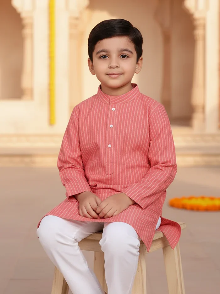 Pink Striped Handwoven Organic Cotton Boys Kurta - WeaversIndia