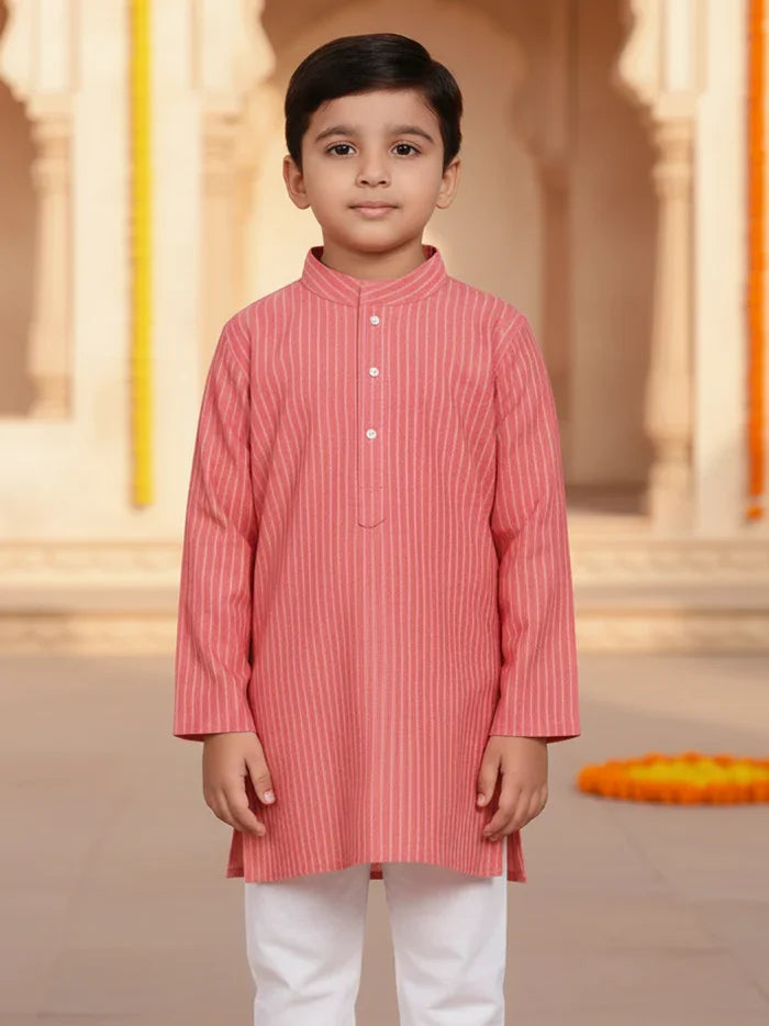 Pink Striped Handwoven Organic Cotton Boys Kurta - WeaversIndia
