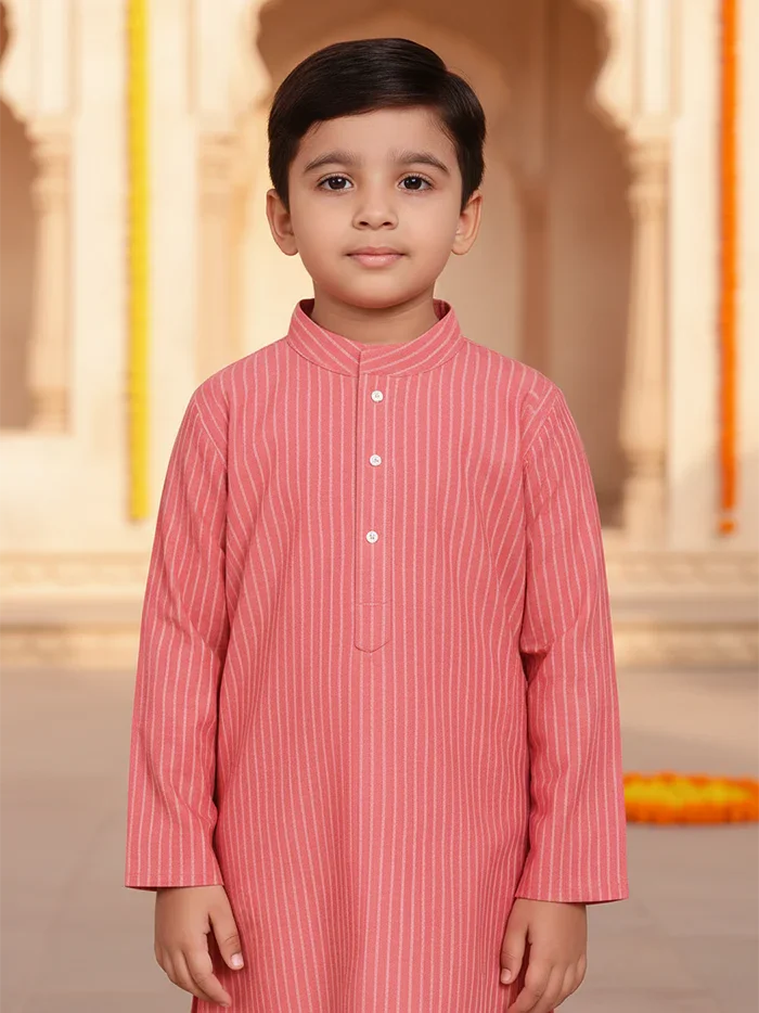 Pink Striped Handwoven Organic Cotton Boys Kurta - WeaversIndia