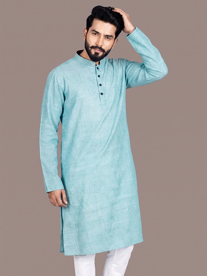 Aro Blue Handwoven Organic Cotton Full Sleeves Men Kurta