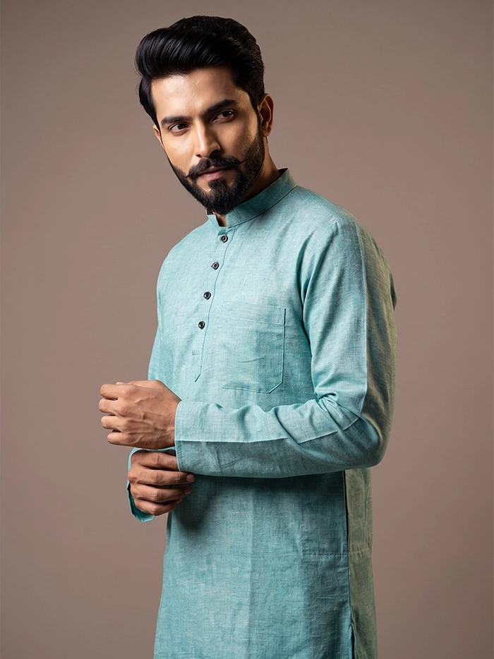 Aro Blue Handwoven Organic Cotton Full Sleeves Men Kurta