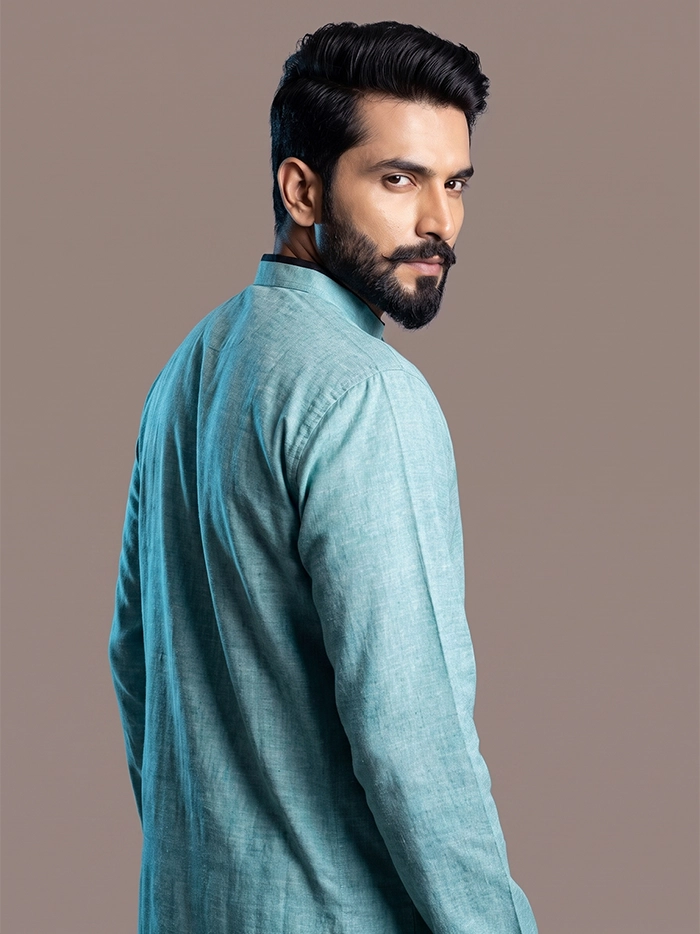 Aro Blue Handwoven Organic Cotton Full Sleeves Men Kurta