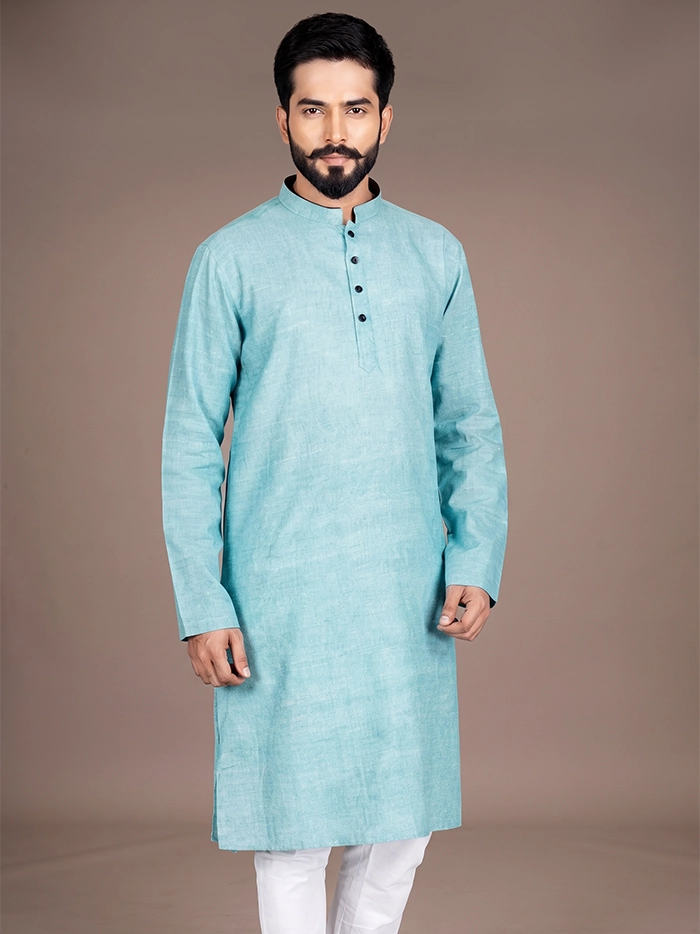Aro Blue Handwoven Organic Cotton Full Sleeves Men Kurta