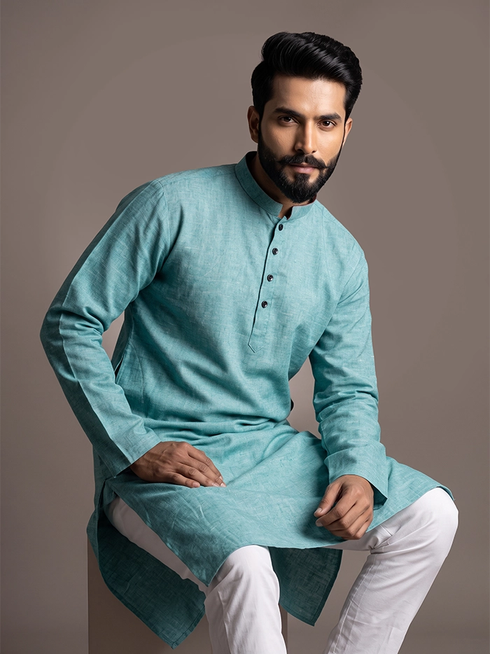 Aro Blue Handwoven Organic Cotton Full Sleeves Men Kurta