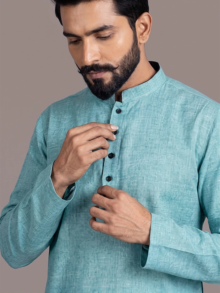Aro Blue Handwoven Organic Cotton Full Sleeves Men Kurta