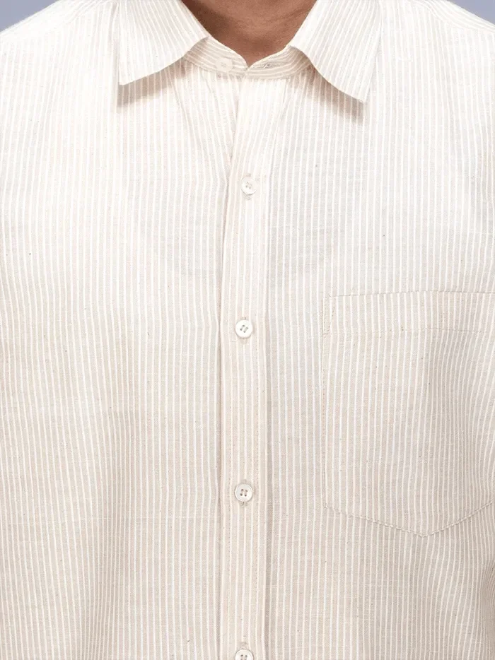 Bisque Handwoven Organic Cotton striped Fitted Men Shirt - WeaversIndia