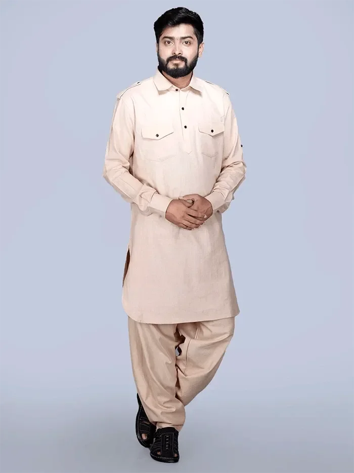 Bisque Organic Cotton Men Pathani Kurta Pajama Set - WeaversIndia