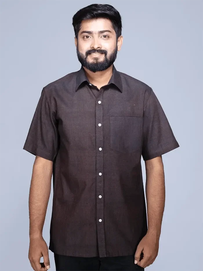 Black Brown Handwoven Organic Cotton Formal Men Shirt - WeaversIndia
