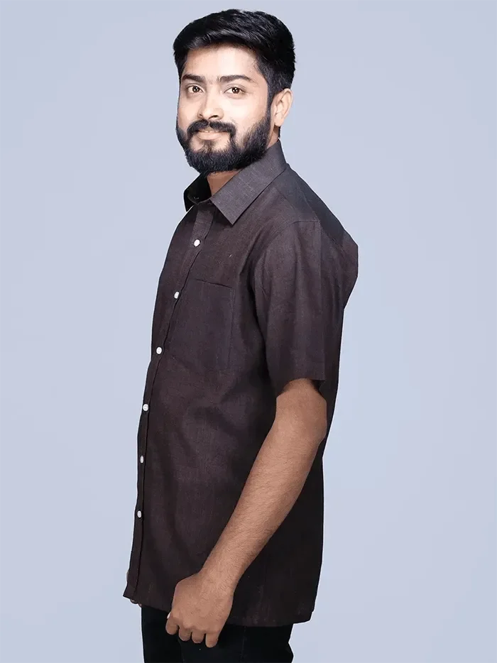 Black Brown Handwoven Organic Cotton Formal Men Shirt - WeaversIndia