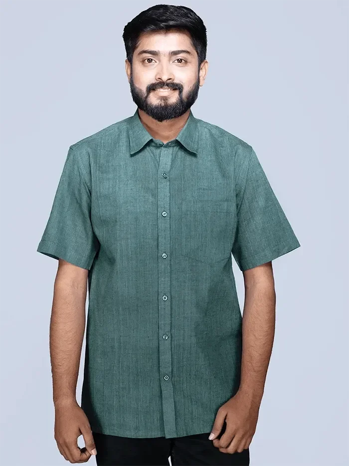 Dark Green Dual Tone Handwoven Organic Cotton Formal Men Shirt - WeaversIndia