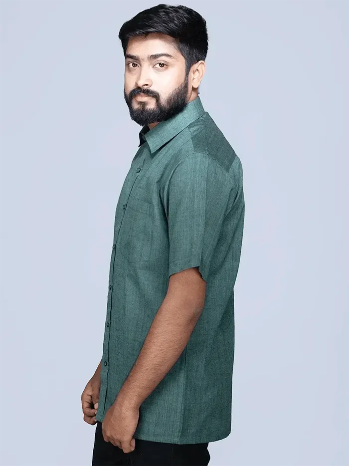 Dark Green Dual Tone Handwoven Organic Cotton Formal Men Shirt - WeaversIndia