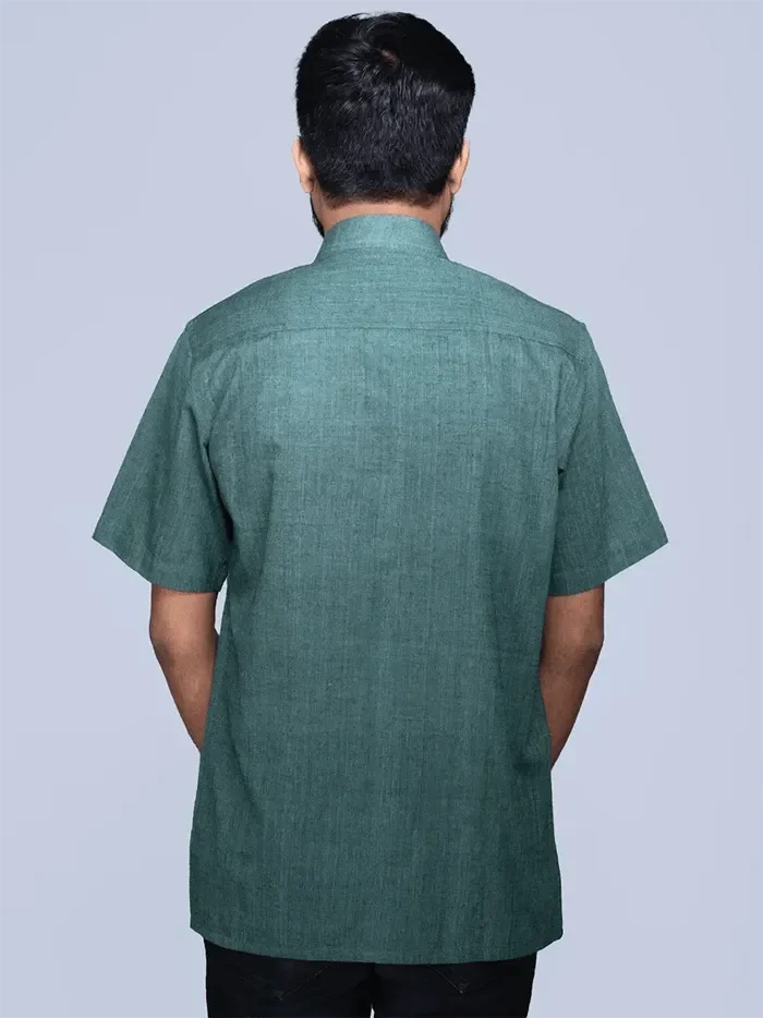 Dark Green Dual Tone Handwoven Organic Cotton Formal Men Shirt - WeaversIndia