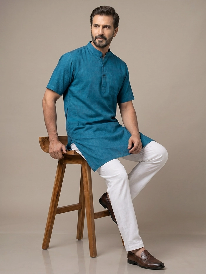 Black Blue Duel Tone Organic Cotton Half Sleeves Men Kurta