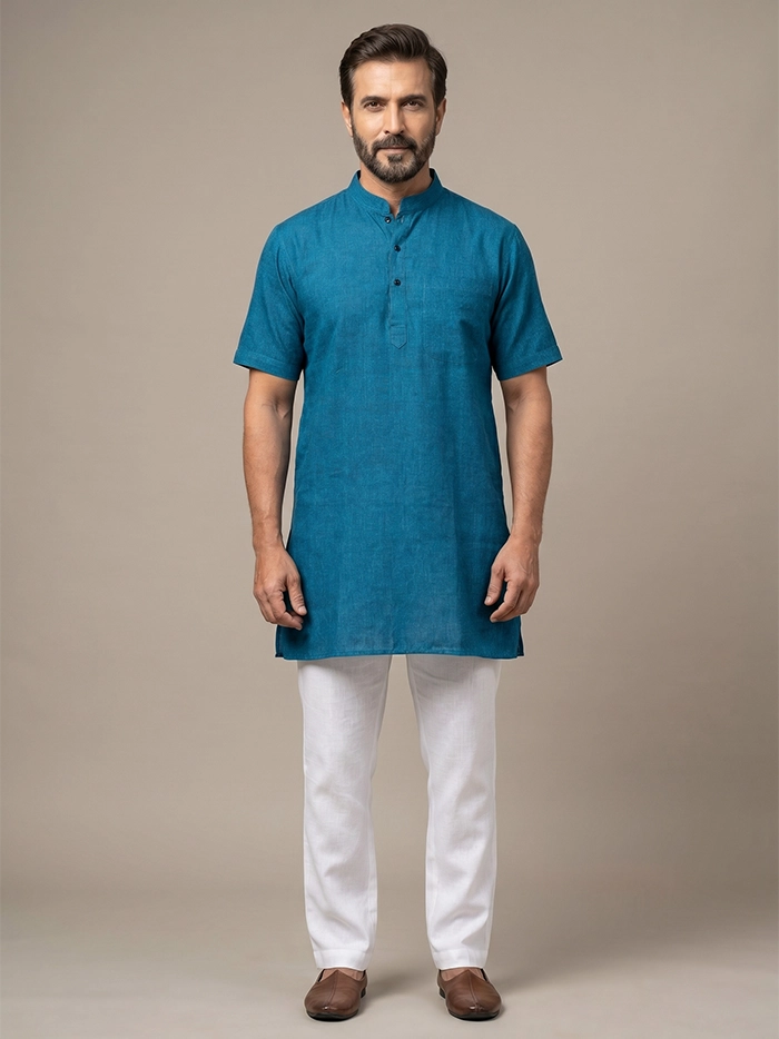 Black Blue Duel Tone Organic Cotton Half Sleeves Men Kurta