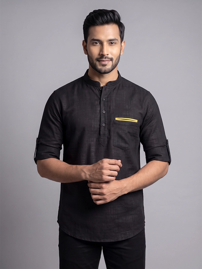 Black Cotton Slab Full Sleeves Men Short Kurta
