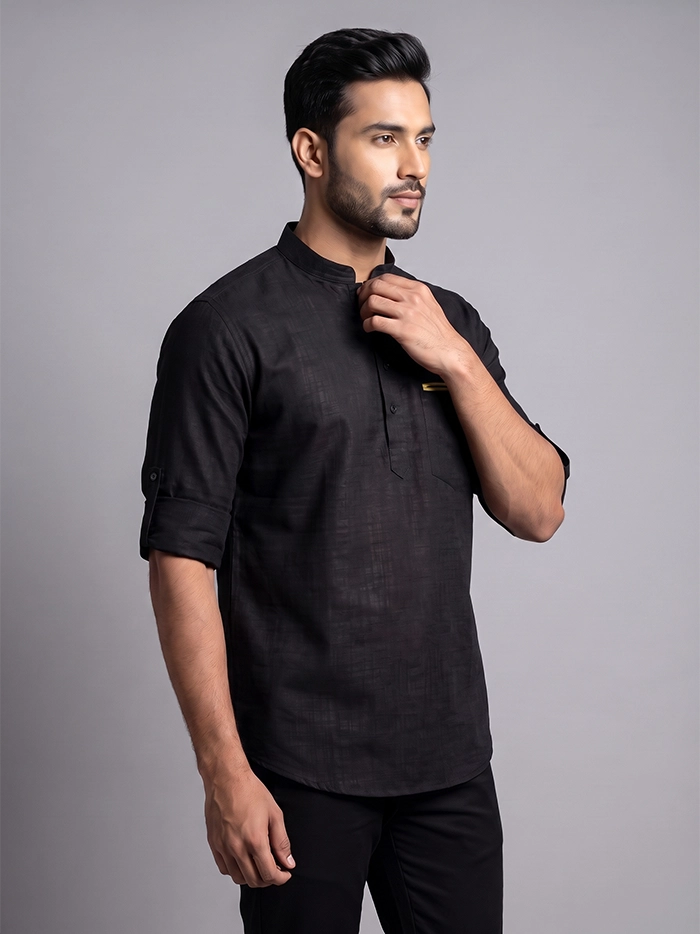 Black Cotton Slab Full Sleeves Men Short Kurta