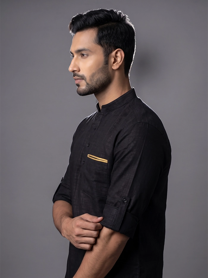 Black Cotton Slab Full Sleeves Men Short Kurta