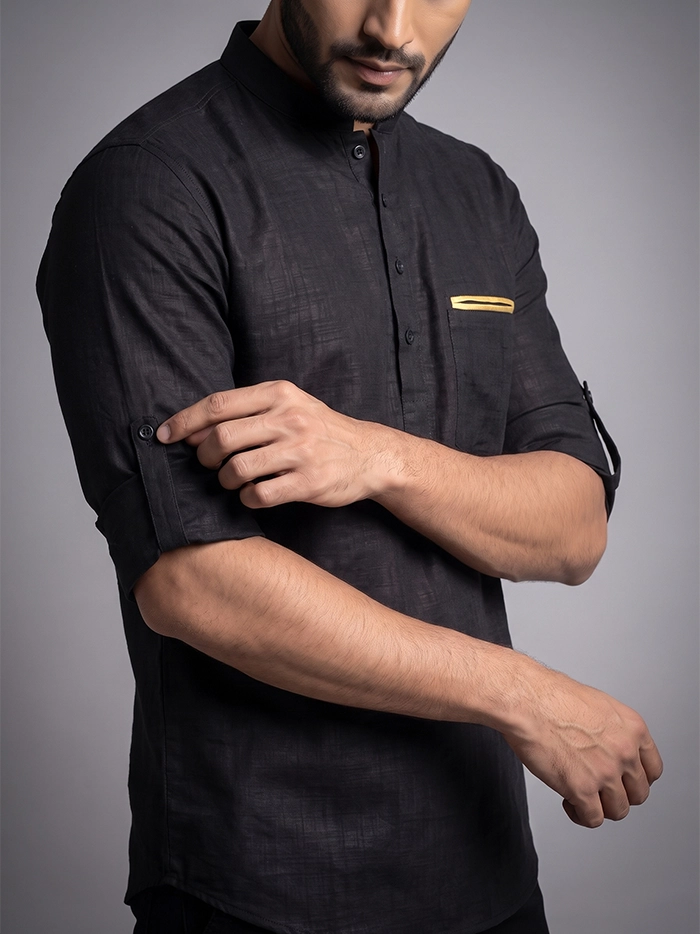 Black Cotton Slab Full Sleeves Men Short Kurta