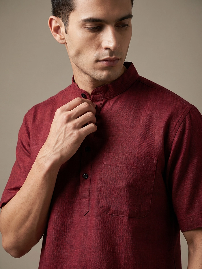 Black Red Dual Tone Organic Cotton Half Sleeves Men Kurta