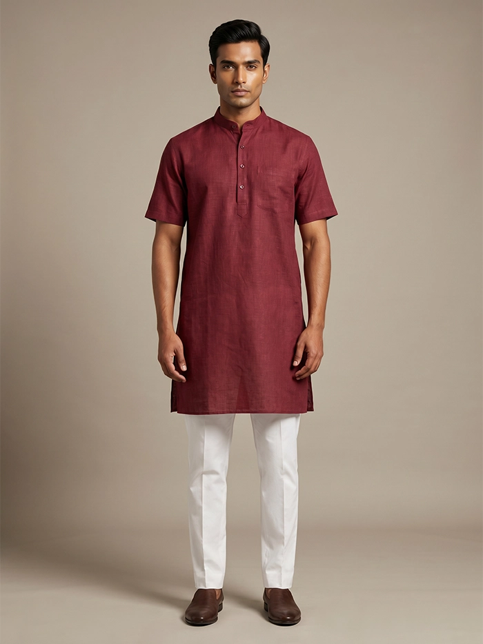 Black Red Dual Tone Organic Cotton Half Sleeves Men Kurta