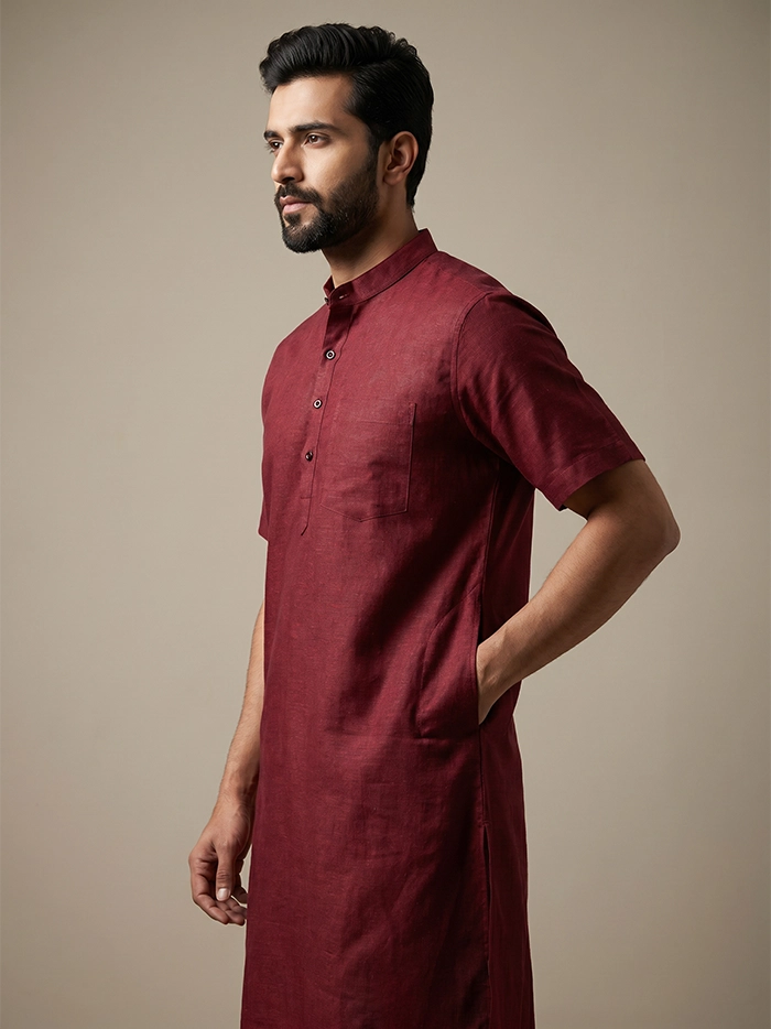 Black Red Dual Tone Organic Cotton Half Sleeves Men Kurta