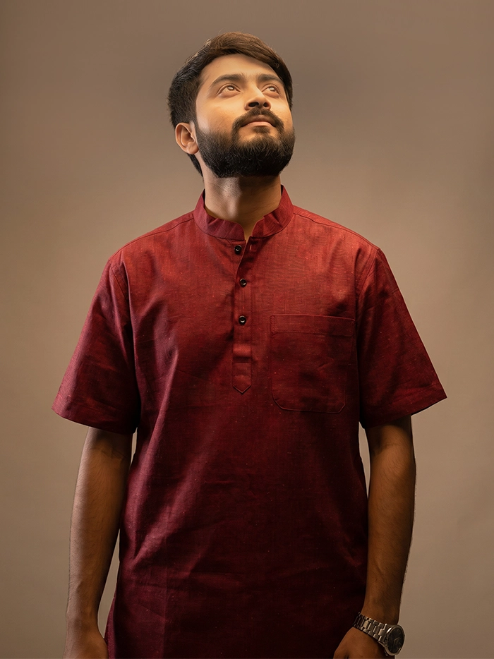 Black Red Dual Tone Organic Cotton Half Sleeves Men Kurta