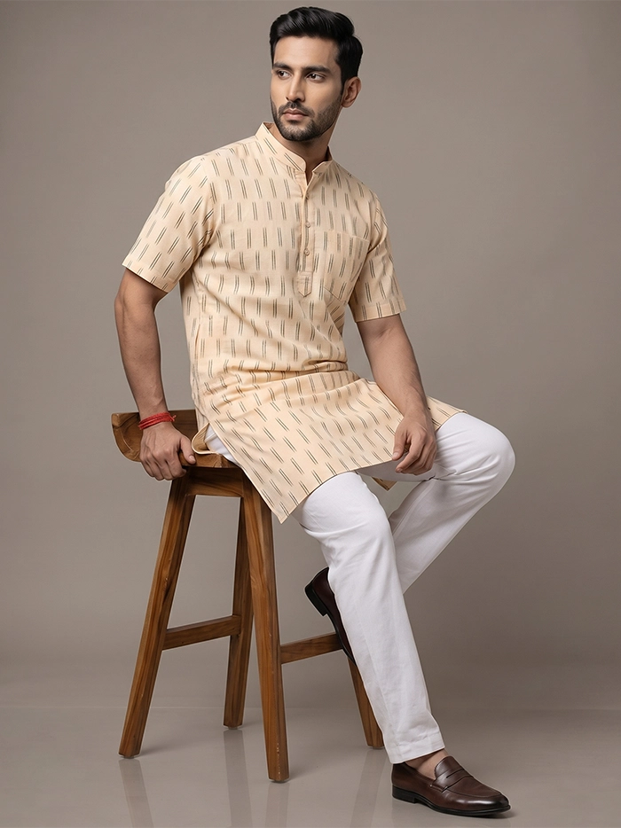 Blanched almond Organic Cotton Ikkat Half Sleeves Men Kurta