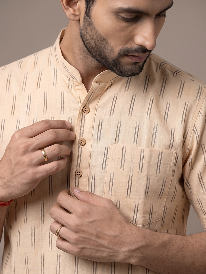 Blanched almond Organic Cotton Ikkat Half Sleeves Men Kurta