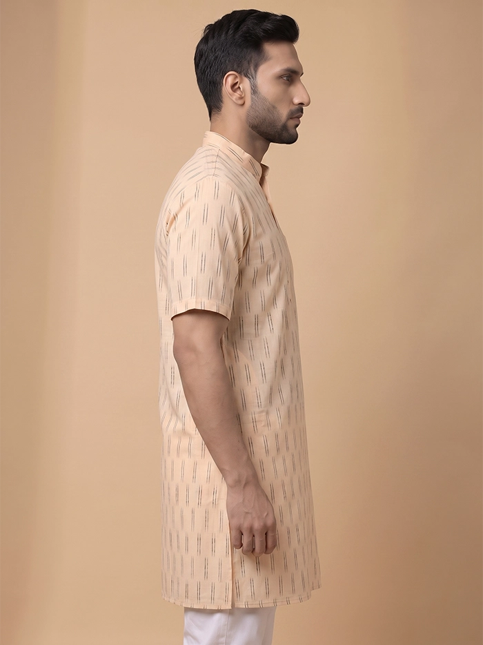 Blanched almond Organic Cotton Ikkat Half Sleeves Men Kurta